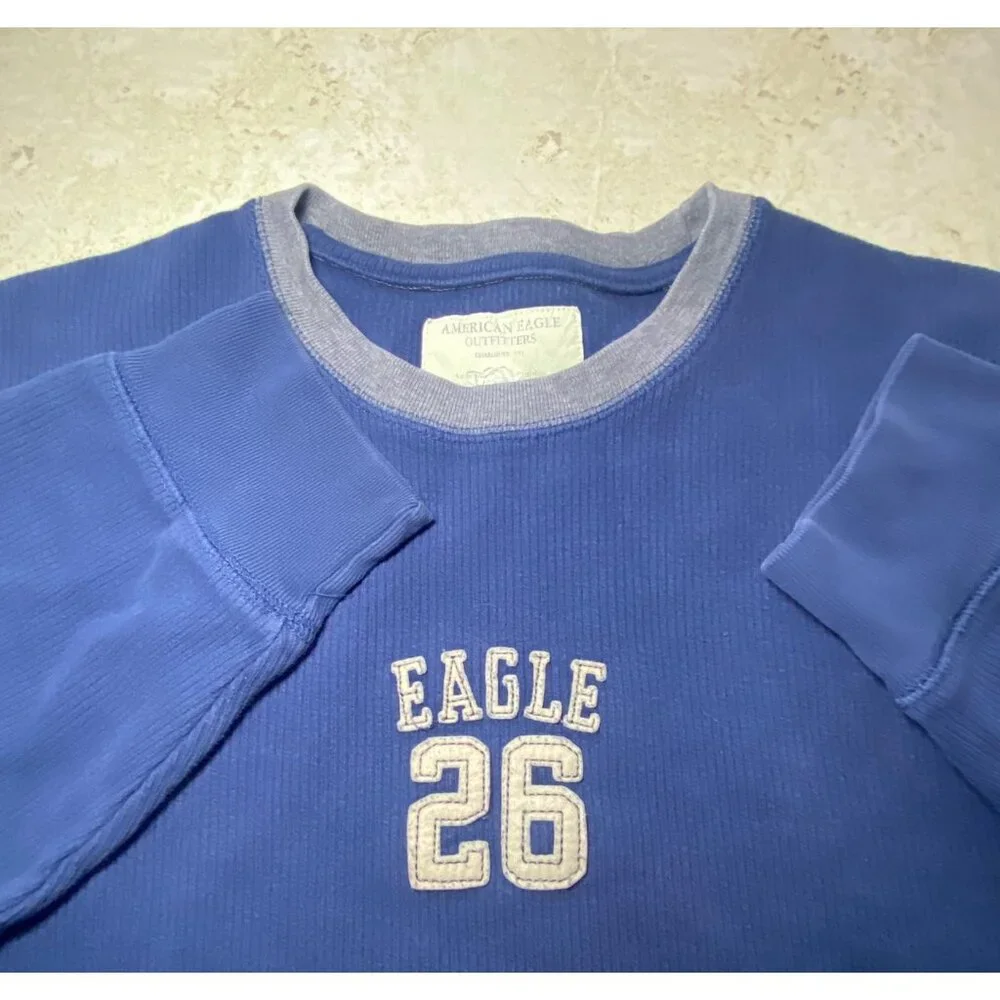 American Eagle 26 Logo‎ Blue Long Sleeve Shirt Crewneck Ribbed Mens XL *SIZE*